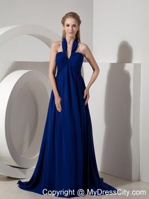 Empire Halter top Watteau Train Navy Blue Chiffon Prom Dresses