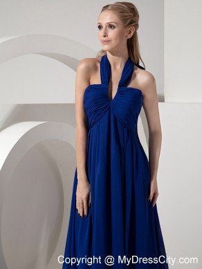 Empire Halter top Watteau Train Navy Blue Chiffon Prom Dresses