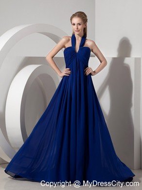 Empire Halter top Watteau Train Navy Blue Chiffon Prom Dresses