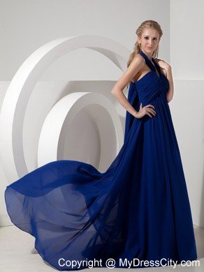 Empire Halter top Watteau Train Navy Blue Chiffon Prom Dresses