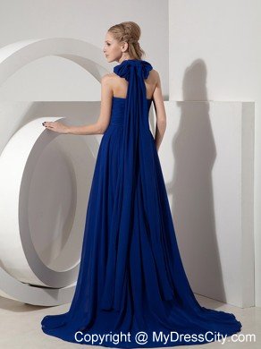 Empire Halter top Watteau Train Navy Blue Chiffon Prom Dresses