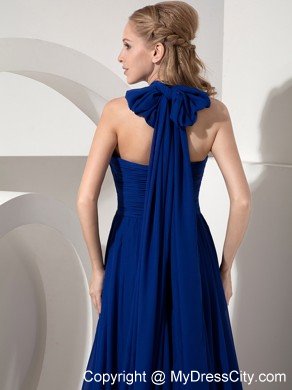 Empire Halter top Watteau Train Navy Blue Chiffon Prom Dresses