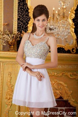 Spaghetti Straps Beaded Mini-length White Short Prom Dresses