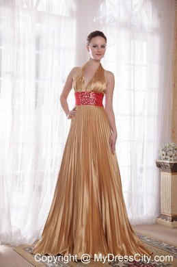 Popular Gold Empire Halter Prom Dress with Rhinestones and Sequins