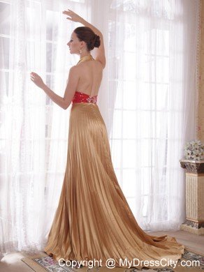 Popular Gold Empire Halter Prom Dress with Rhinestones and Sequins