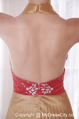 Popular Gold Empire Halter Prom Dress with Rhinestones and Sequins