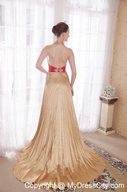 Popular Gold Empire Halter Prom Dress with Rhinestones and Sequins