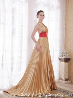 Popular Gold Empire Halter Prom Dress with Rhinestones and Sequins