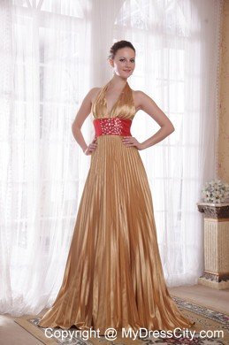 Popular Gold Empire Halter Prom Dress with Rhinestones and Sequins