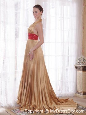 Popular Gold Empire Halter Prom Dress with Rhinestones and Sequins