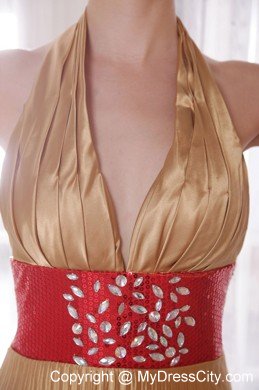 Popular Gold Empire Halter Prom Dress with Rhinestones and Sequins
