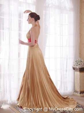 Popular Gold Empire Halter Prom Dress with Rhinestones and Sequins