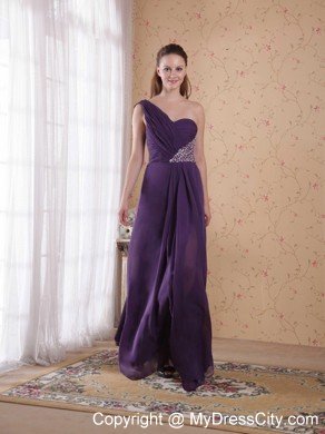 Purple One Shoulder Beaded Ruching Chiffon Prom Dresses