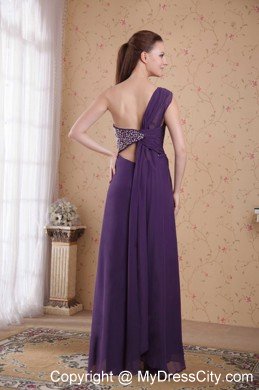 Purple One Shoulder Beaded Ruching Chiffon Prom Dresses