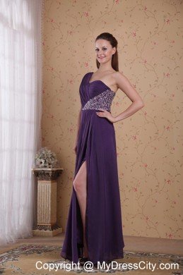 Purple One Shoulder Beaded Ruching Chiffon Prom Dresses
