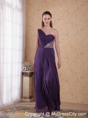 Purple One Shoulder Beaded Ruching Chiffon Prom Dresses