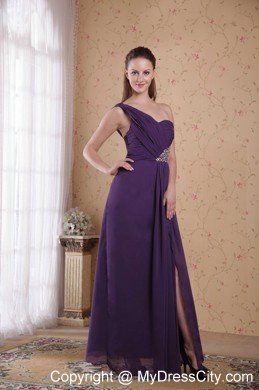 Purple One Shoulder Beaded Ruching Chiffon Prom Dresses
