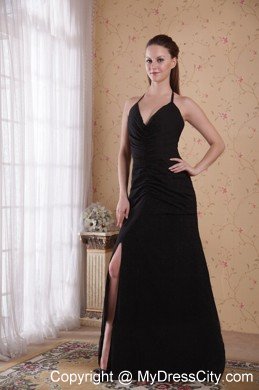 Simple High Slit Halter Ruching Black Prom Dresses for Women