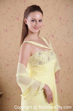 High Slit Asymmetrical Beaded Chiffon Light Yellow Prom Dresses