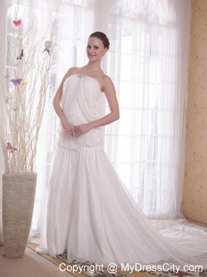 Strapless Chapel Train Rhinestones White Chiffon Prom Dress 2013