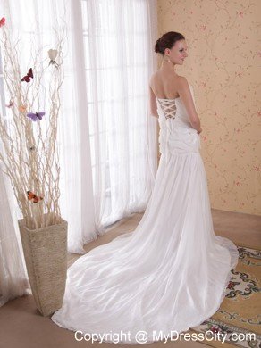 Strapless Chapel Train Rhinestones White Chiffon Prom Dress 2013