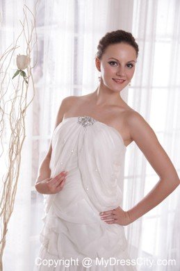 Strapless Chapel Train Rhinestones White Chiffon Prom Dress 2013