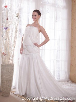 Strapless Chapel Train Rhinestones White Chiffon Prom Dress 2013
