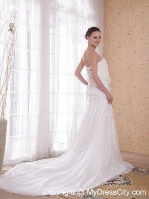 Strapless Chapel Train Rhinestones White Chiffon Prom Dress 2013