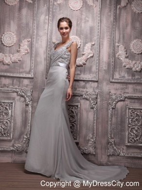 Straps Beaded V-neck Brush Train Chiffon Gray Prom Dresses