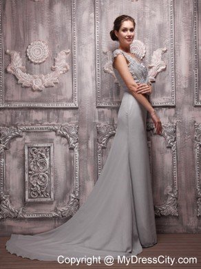 Straps Beaded V-neck Brush Train Chiffon Gray Prom Dresses