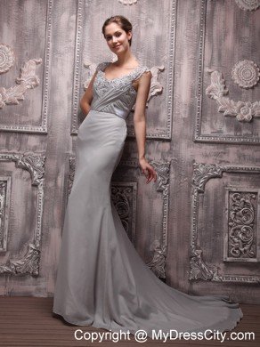 Straps Beaded V-neck Brush Train Chiffon Gray Prom Dresses