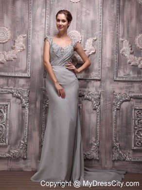 Straps Beaded V-neck Brush Train Chiffon Gray Prom Dresses