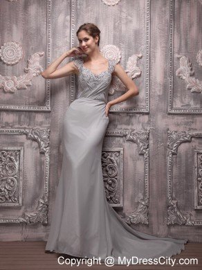 Straps Beaded V-neck Brush Train Chiffon Gray Prom Dresses