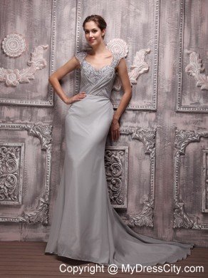 Straps Beaded V-neck Brush Train Chiffon Gray Prom Dresses
