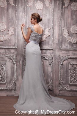 Straps Beaded V-neck Brush Train Chiffon Gray Prom Dresses