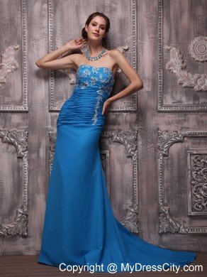 Appliques Ruching Court Train Chiffon Blue Prom Dresses for Ladies