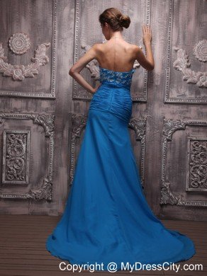 Appliques Ruching Court Train Chiffon Blue Prom Dresses for Ladies