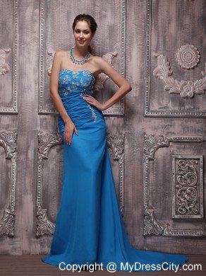 Appliques Ruching Court Train Chiffon Blue Prom Dresses for Ladies