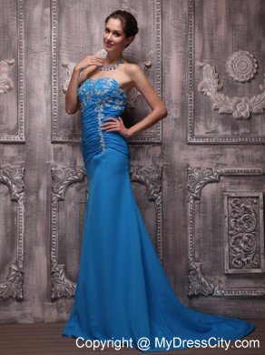 Appliques Ruching Court Train Chiffon Blue Prom Dresses for Ladies