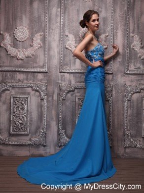 Appliques Ruching Court Train Chiffon Blue Prom Dresses for Ladies