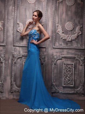 Appliques Ruching Court Train Chiffon Blue Prom Dresses for Ladies