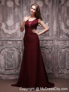 V-neck Brush Train Ruching Beaded Chiffon Burgundy Prom Dresses