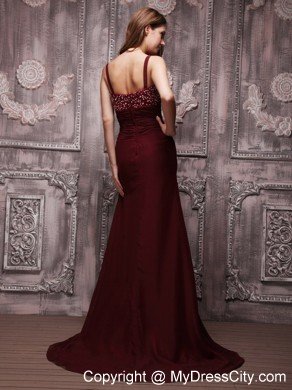 V-neck Brush Train Ruching Beaded Chiffon Burgundy Prom Dresses