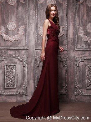V-neck Brush Train Ruching Beaded Chiffon Burgundy Prom Dresses