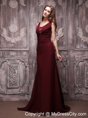 V-neck Brush Train Ruching Beaded Chiffon Burgundy Prom Dresses
