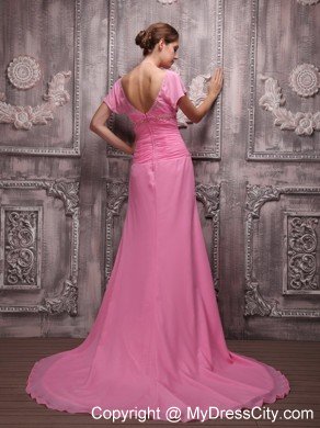 Ruching Scoop Beaded Rose Pink Prom Dresses with Cap Sleeves
