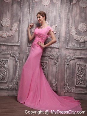 Ruching Scoop Beaded Rose Pink Prom Dresses with Cap Sleeves