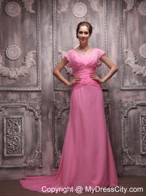 Ruching Scoop Beaded Rose Pink Prom Dresses with Cap Sleeves