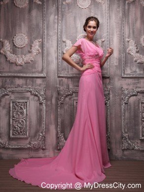 Ruching Scoop Beaded Rose Pink Prom Dresses with Cap Sleeves