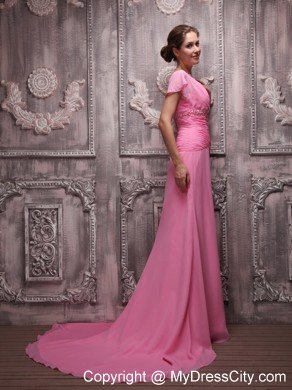 Ruching Scoop Beaded Rose Pink Prom Dresses with Cap Sleeves